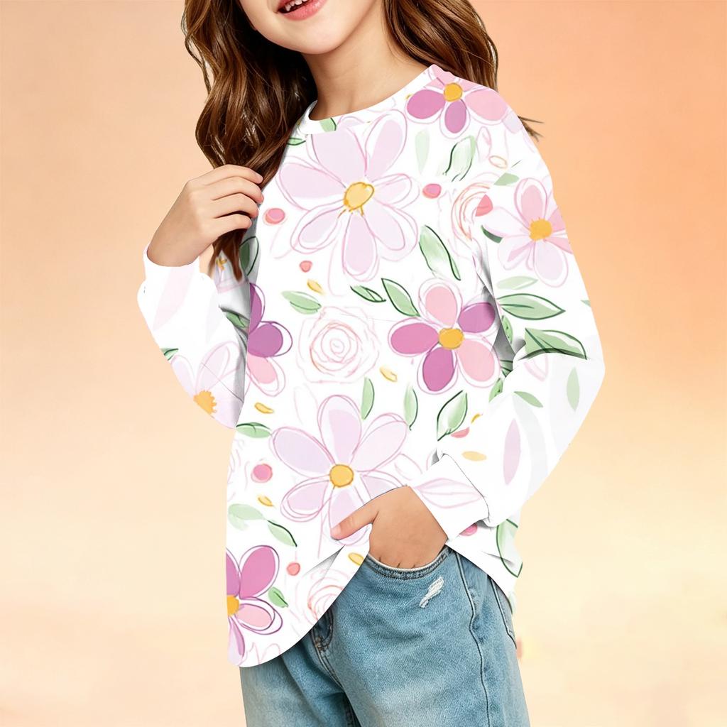 Kids Long Sleeve Printed Round Neck T-Shirt with Pocket Casual Top