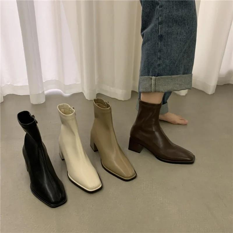 Autumn Winter Fashion Design Heel Ankle Boot Square Toe Zipper Ladies Casual Boots Shoes Soft Leather Short Boot