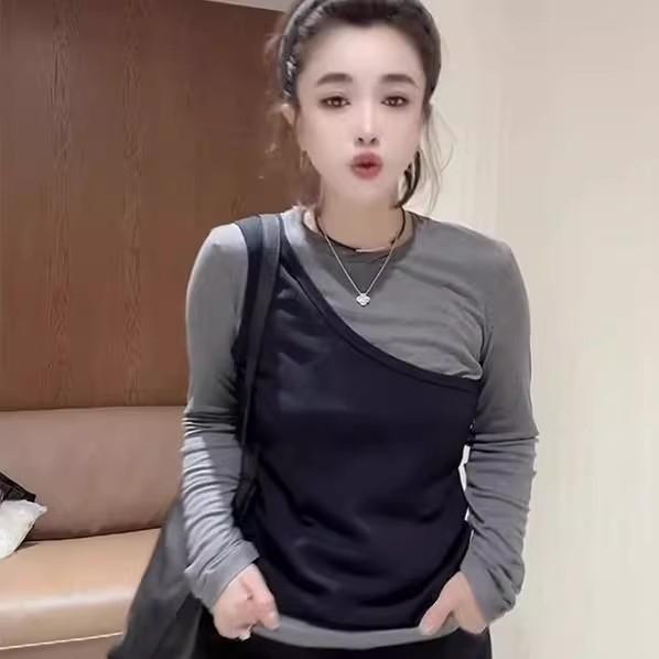 

Большие размеры весна и осень косые плечи длинный рукав женская блузка тонкие топы прилив 4XL серый