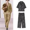 Lapel Short Sleeve Jacquard Loose Shirts Top 4786046 High Waist Straight Casual Jacquard Pants 4786060
