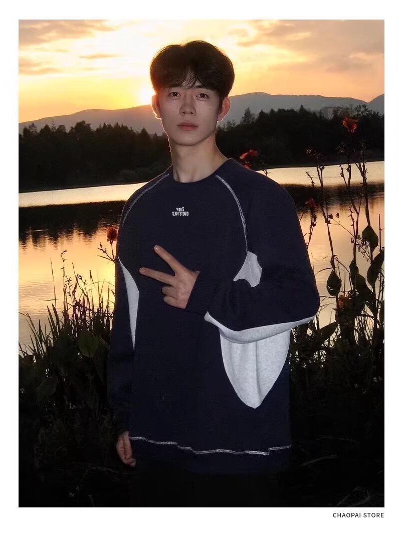 

Men s Retro Japanese Style Patchwork Sweatshirt - Color Block, Round Neck, Trendy Loose Fit. XL темно-синього кольору