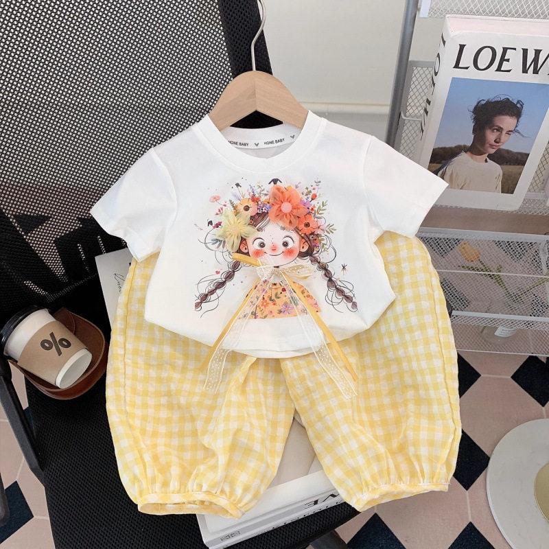 Girls Summer Casual 2 Piece Set Short Sleeve T Shirt And Plaid Pants Kids Sportswear Outfit