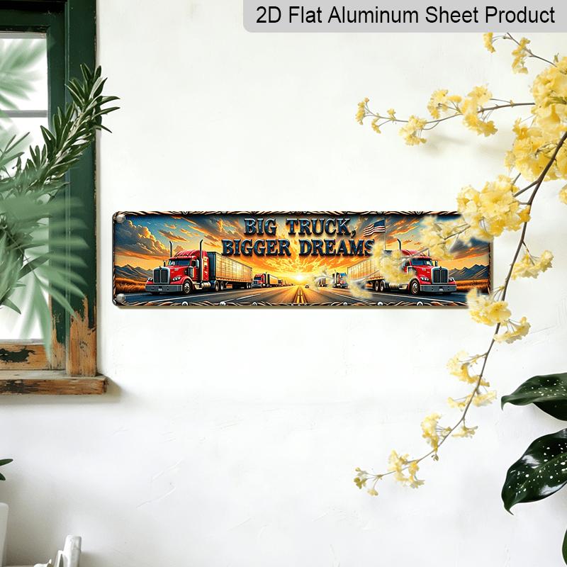2D Flat, Vintage American Road Culture Aluminum Decorative Sign - Retro Red Truck & Flag Metal Decor with Frame Suitable for, Truck Stop, Restaurant