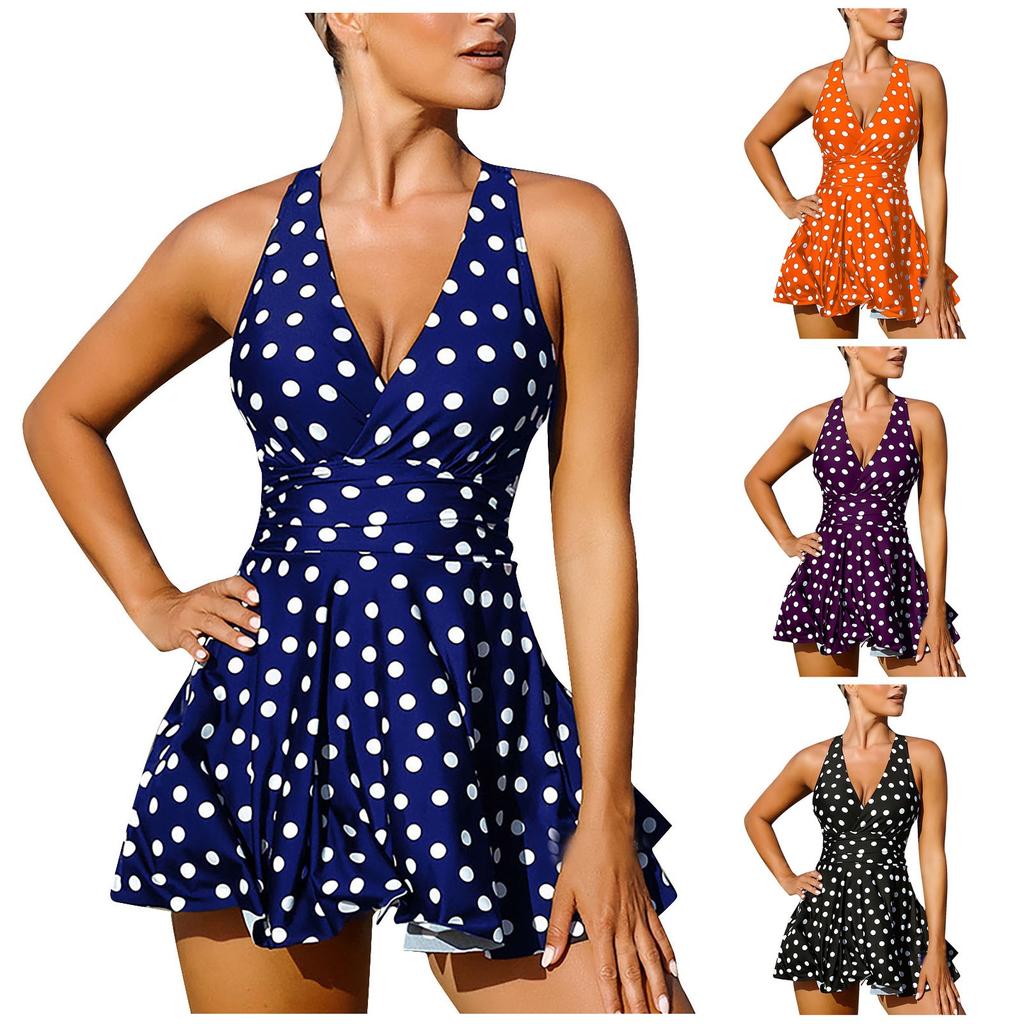 Women's Split Fashion Polka Dot Print Beach Swimsuit Long Skirt Set (2 Sets With Chest Pad Without Steel Bra)