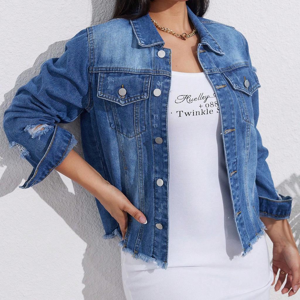 Ladies' Solid Color Denim Casual Long Sleeved Single Breasted Jacket