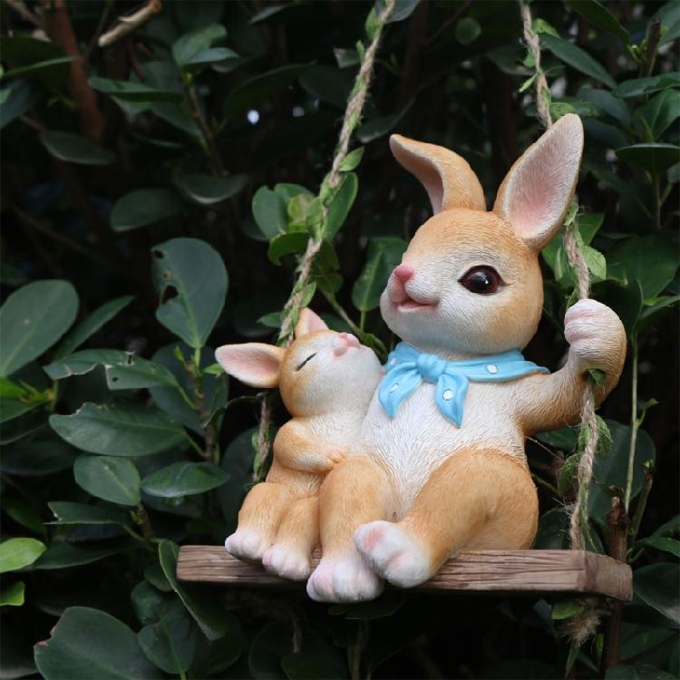 Lovely Mother And Baby Rabbit Easter Swing Ornament Durable Resin Rabbit Swing Home Decors For Year Round Display