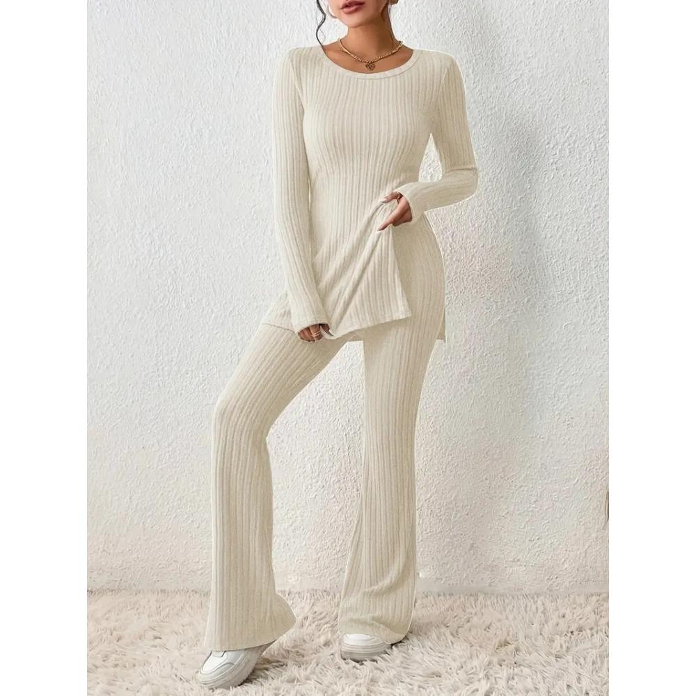 Women's Loose Fit Two-piece Suit Long Sleeve Knit Top High Waist Flare Pants Solid Ribbed Loungewear Matching Set