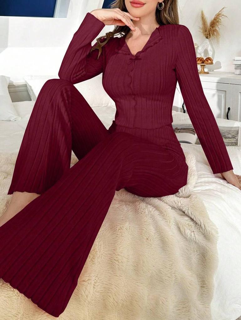 Women's Thickened Pajama Set Winter Long Sleeve Long Pants with Bow Tie Lapel Collar Home Loungewear Sleepwear