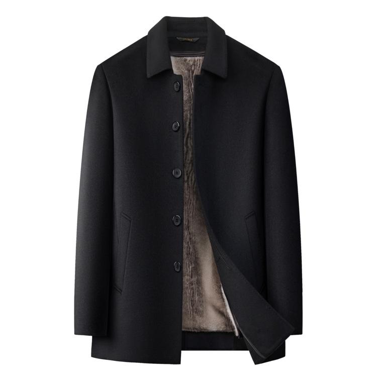 Men's Mid-Length Woolen Winter Coat with Plus Velvet for Middle-Aged and Elderly, Thickened Windbreaker Jacket.