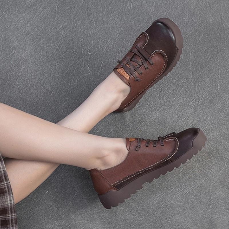Johnature Retro Genuine Leather Flat Shoes Casual And Comfortable Soft Soled Commuting Women's Shoes