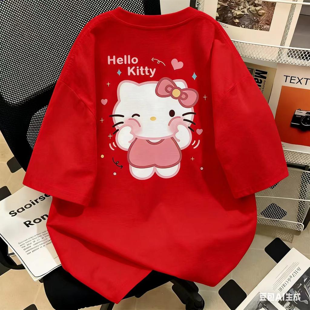 Hello Kitty Short Sleeve Tee soft cotton casual crew neck cute cartoon print lightweight summer top for Women daily wear