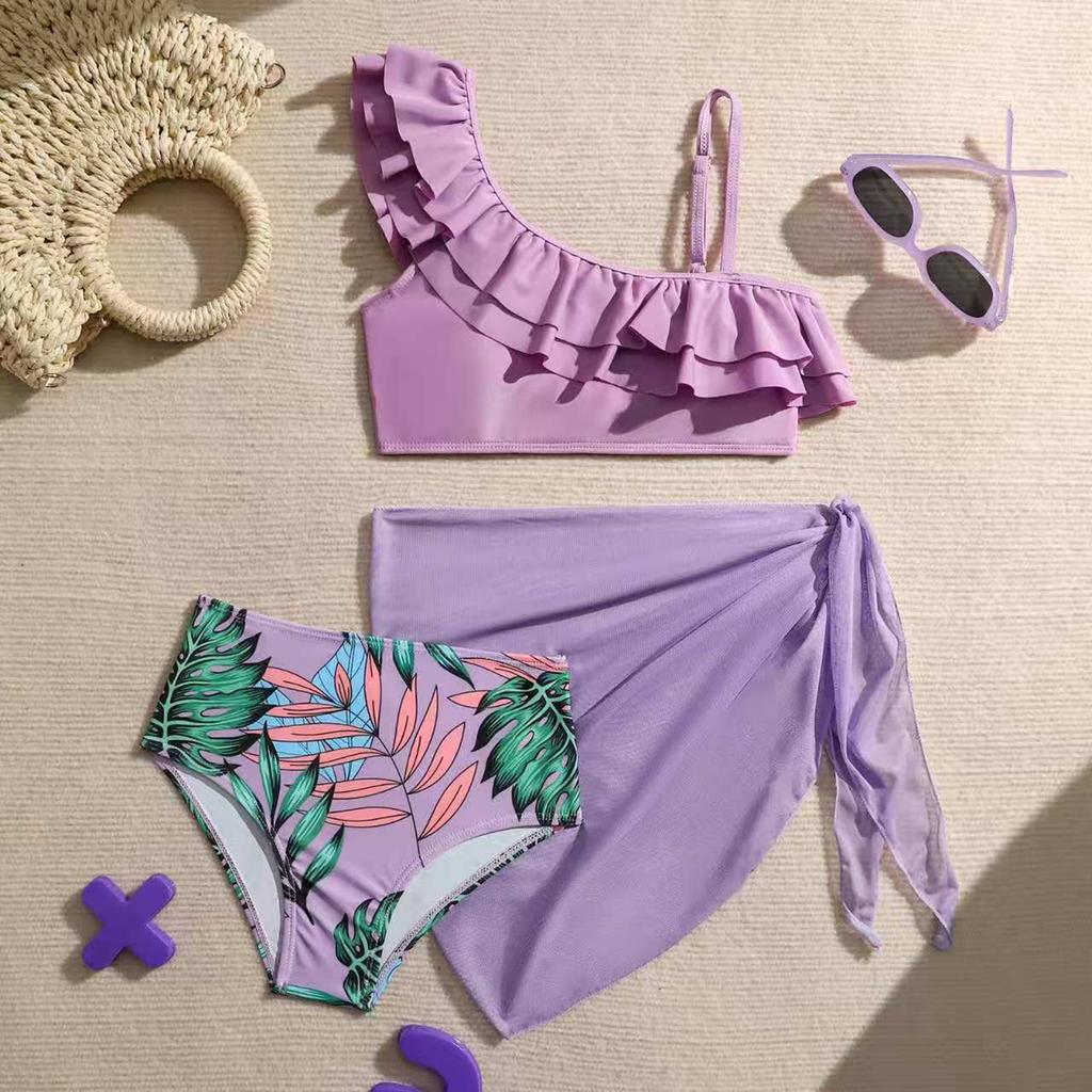 Girls Fashion High Waist Three Piece Swimsuit Set with Ruffle One Shoulder Top Printed Bottom and Sheer Wrap Skirt for Beach Pool