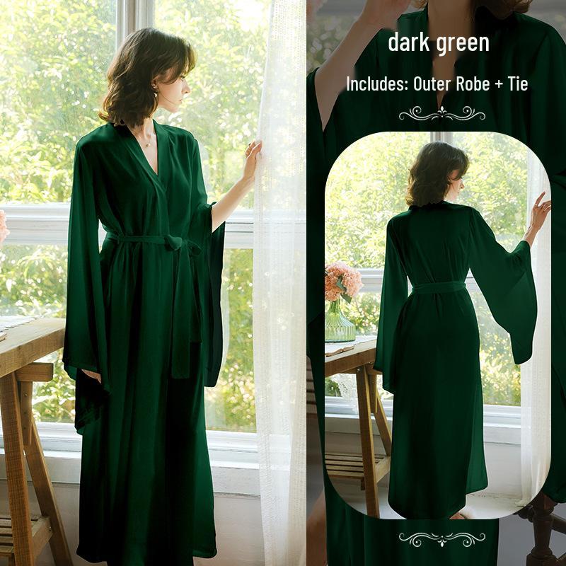 

Сладкий атласный халат с открытой передней частью: Глубокий V-образный вырез, Легкая роскошь, Пояс на талии, Широкие рукава, Домашняя одежда. Small темно-зеленого