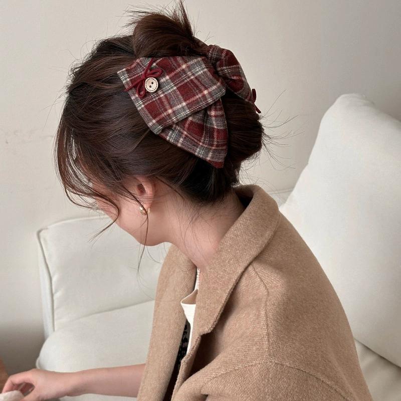 Korean-Style Ins Bow Plaid Hair Clip For Women Large Vintage Hair Clip For Back-Of-Head Updo Shark Clip