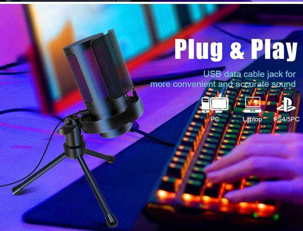 RGB USB Condenser Microphone with Desktop Tripod Stand for Gaming & Live Streaming