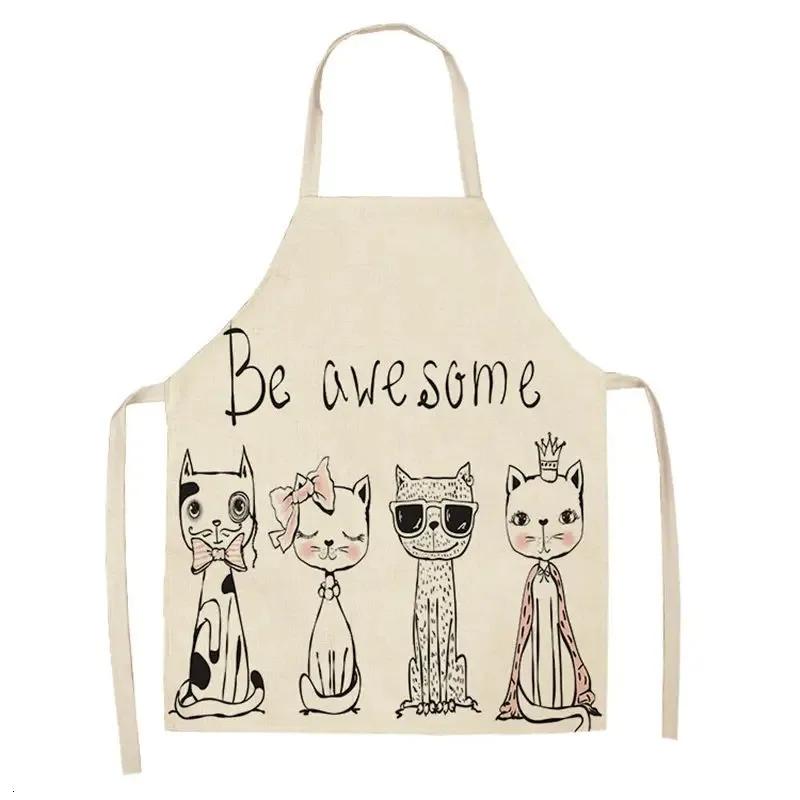 Lovely Cartoon Cats Kitchen Aprons for Women Cotton Linen Bibs Household Cleaning Pinafore Home Cooking 55x68cm