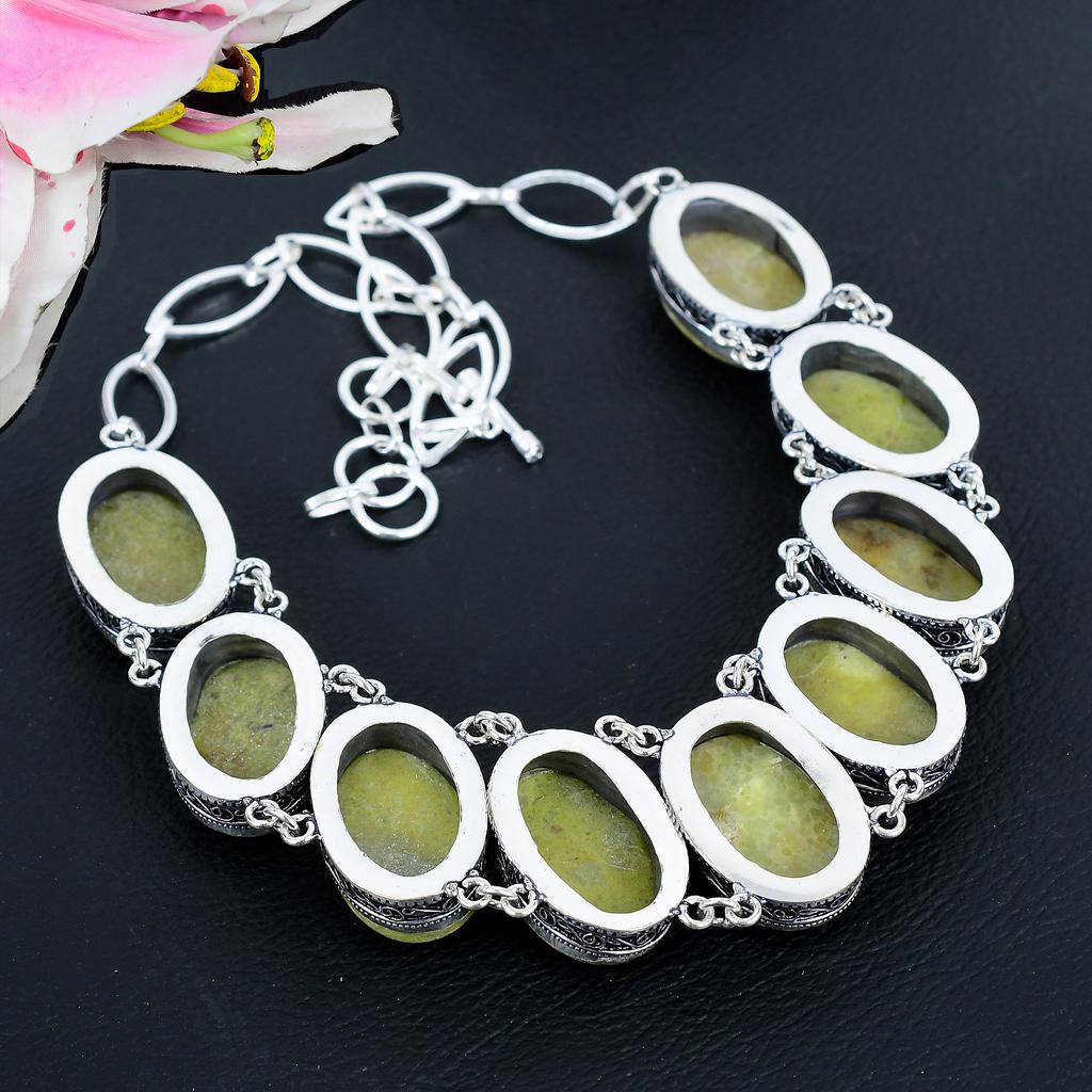 Swiss Green Opal Gemstone Handmade 925 Sterling Silver Jewelry Necklace 18" KG-1654