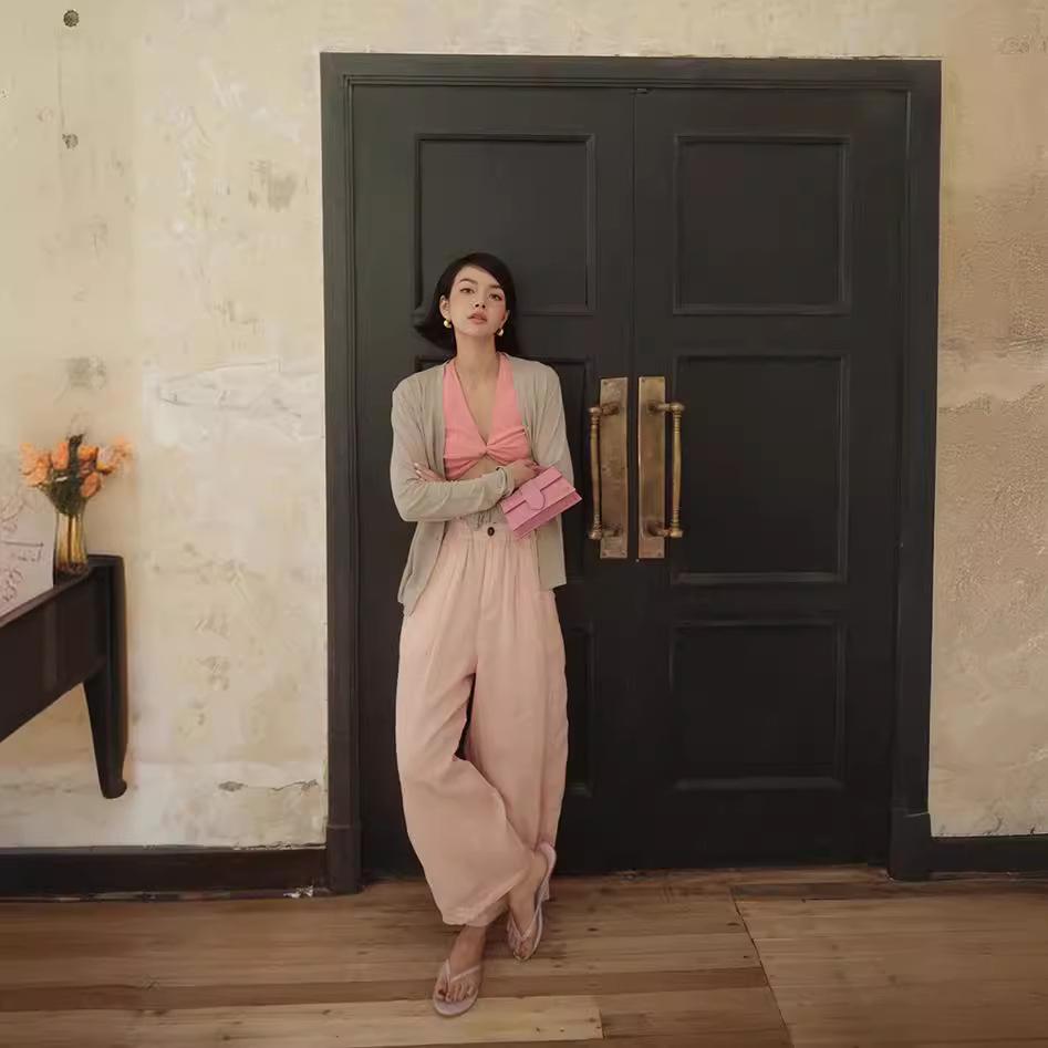 2024 Summer Arrival: Women's Shrimp Pink Tulle Linen Wide-Leg Long Pants