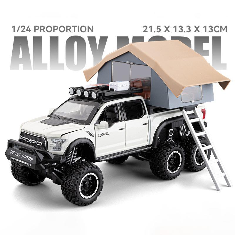 LLI6 1:28 Ford F150 Raptor RV With Tent Alloy Model Car Toy Diecasts Metal Casting Sound and Light Car Toys For Children Vehicle