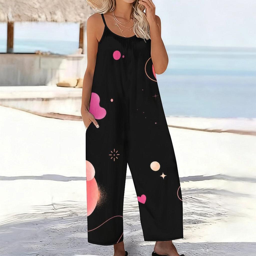 Women Spaghetti Strap Jumpsuit Pink Heart Flower Print Wide Leg Pants With Pockets
