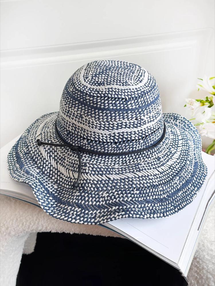 

USPOP Foldable Blue White Straw Bucket Hat Breathable Wide Brim Summer Sun Protection Beach Hat M 56-58cm синій