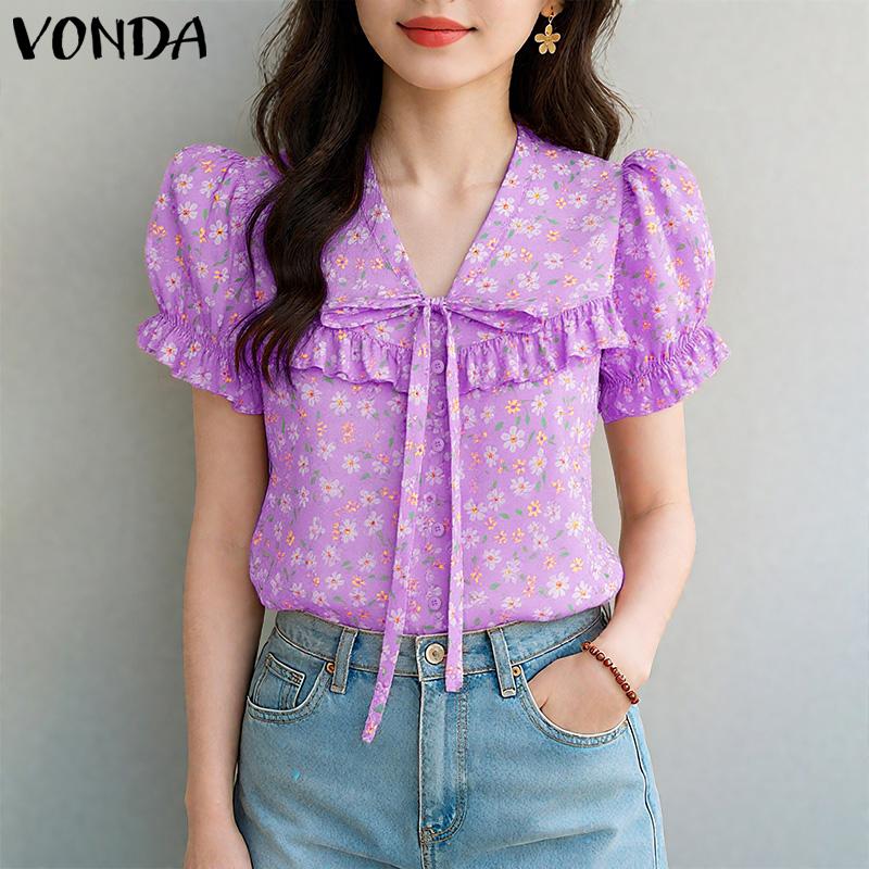 VONDA Elegant Women Floral Print Blouse Casual Puff Sleeve V Neck Ruffled Tops