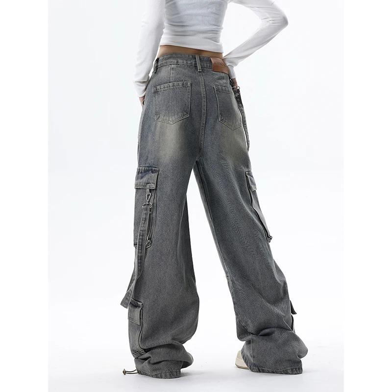 Damen Jeanshose mit weitem Bein und hoher Taille, Y2K-Stil, gerade Beinhose, Streetwear, für den Winter, Blau