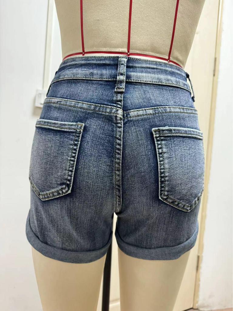 European & American High Waist Ripped Stretch Denim Shorts for Women