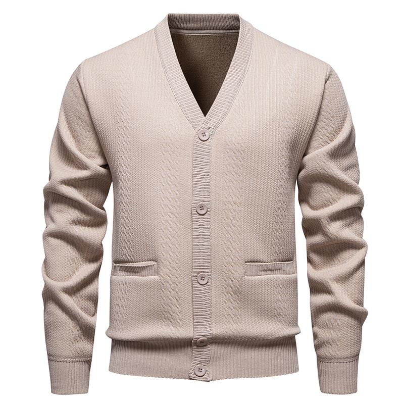 Autumn Winter Men's V-Neck Sweatercoat Casual Knit Cardigan Solid Color Single Breasted Thick Fleece Warm Knitted Sweater Jacket