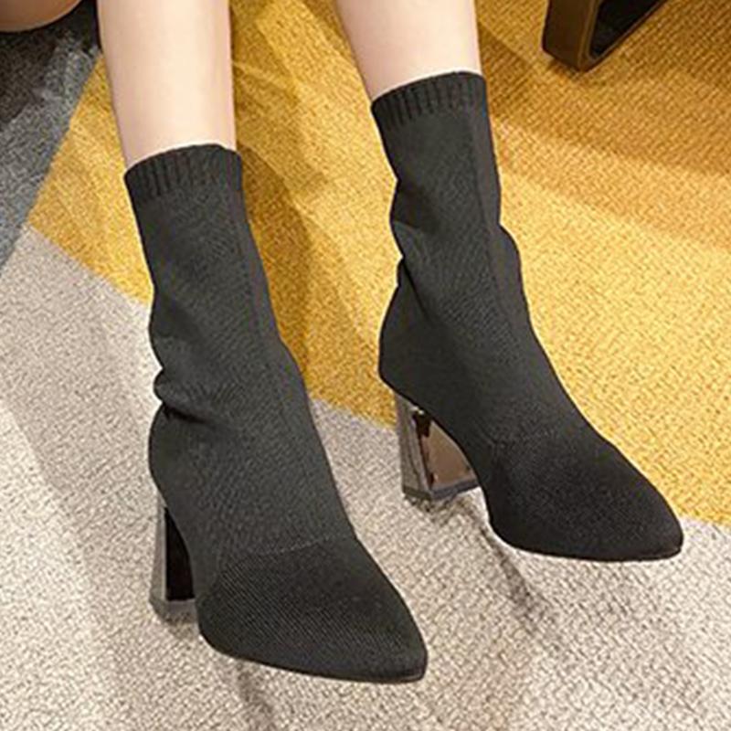 Fashion Fashion Pointed Toe High Heels Boots Women Breathable Mesh Socks Boots for Woman Autumn Winter Soft Solid Color Botas Ladies