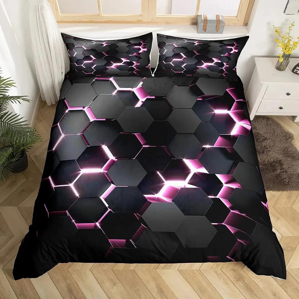 Comforter Red Glowing Polygonal Grid Pattern Bedding Set 135×200 With 260×220 Black Blanket
