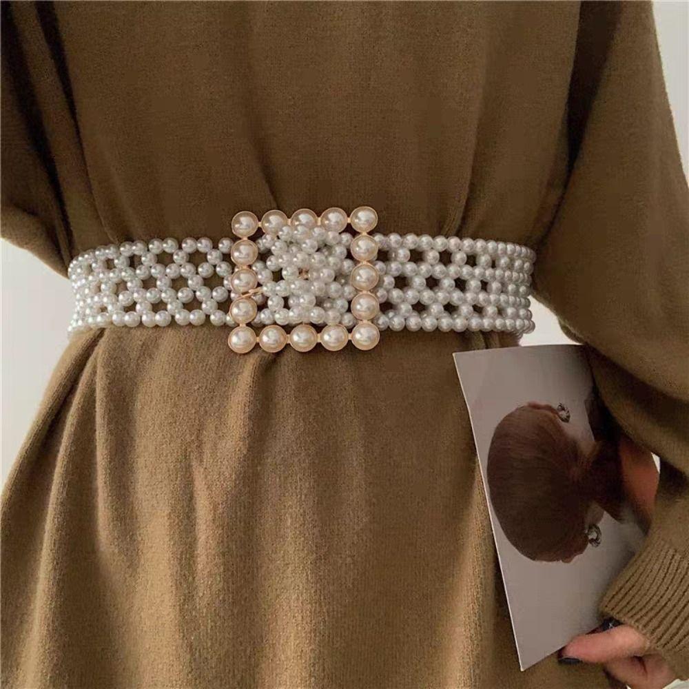 Hollow Pearl Waist Chain Elastic Band Beadeds Body Chain Fashion Pearl Waist Belt  Coat