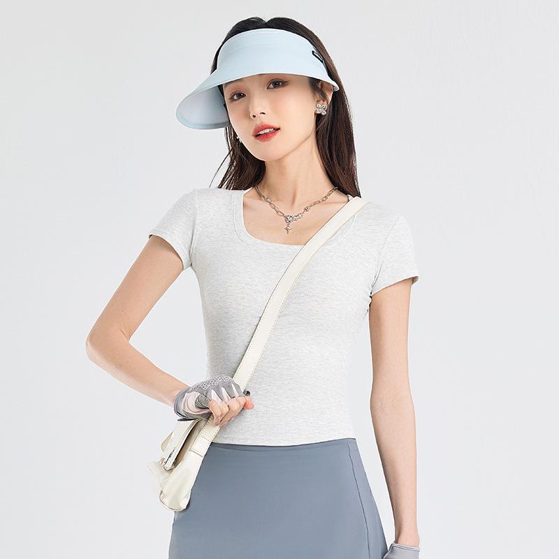 2025 Summer Slim Fit Women's Square Neck T-Shirt - Solid Color, Short Sleeves, Exposed Clavicle, Cotton Blend