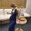 French Temperament Holiday Style Halter Waist Thin Neck V-neck Blue Floral Dress Long Dress Women's Summer