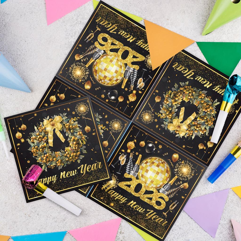 2026 New Year Party Napkins - Golden & Black Elegant Table Decor, Champagne Bottles & Balloons - Heavy-Duty 2-Ply Paper Napkins