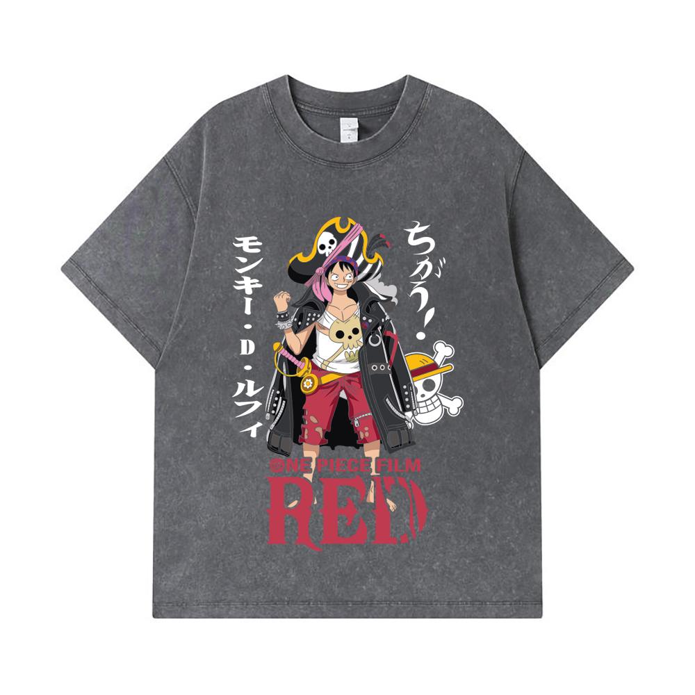 275 GSM Washed T-shirts 100% Cotton One Piece V79 Luffy Film Red Print Unisex Heavy Cotton T Shirt
