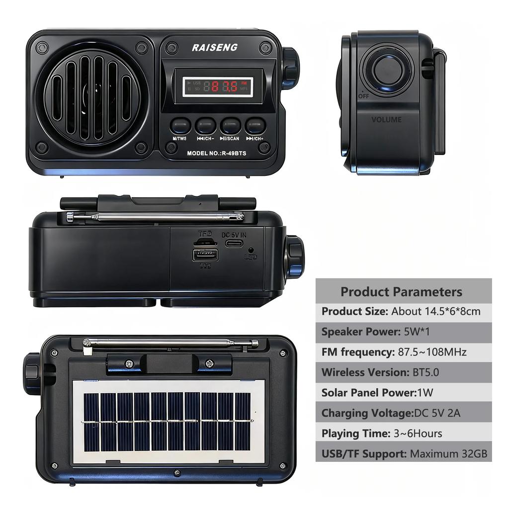 Portable FM Radio Rechargeable Solar Charging Bluetooth Speaker USB TF MP3 Player Outdoor Wireless Speaker with FM Receiver