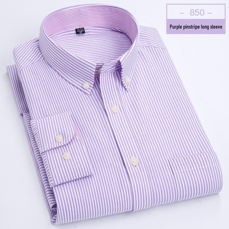 Men's Oxford Cloth Button-Down Shirt - All-Season, Long-Sleeved, Contrast Collar, Casual Cardigan Style for Middle-Aged and Elderly
