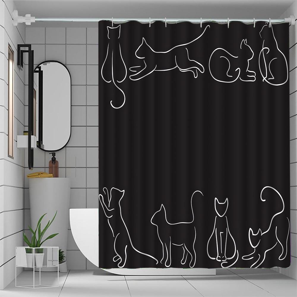 1 pièce Rideau de douche motif chaton mignon, Tissu polyester, Avec crochets, Lavable en machine, Convient pour la décoration de salle de bain.