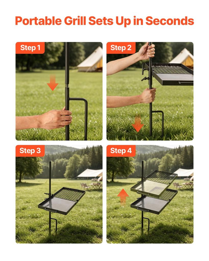 Heavy Duty Swivel Campfire Grill, 61cm Portable Camping Grill Grate & Griddle, Sturdy Steel BBQ Mesh, 360° Height Adjustable Over Fire Pit Equipment,