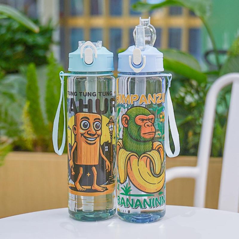 750ml Cartoon Straw Cup Water Cup Leak-proof Convenient To Carry Suitable For Sports Outdoors Gym Large Capacity Cute Plastic Water Cup
