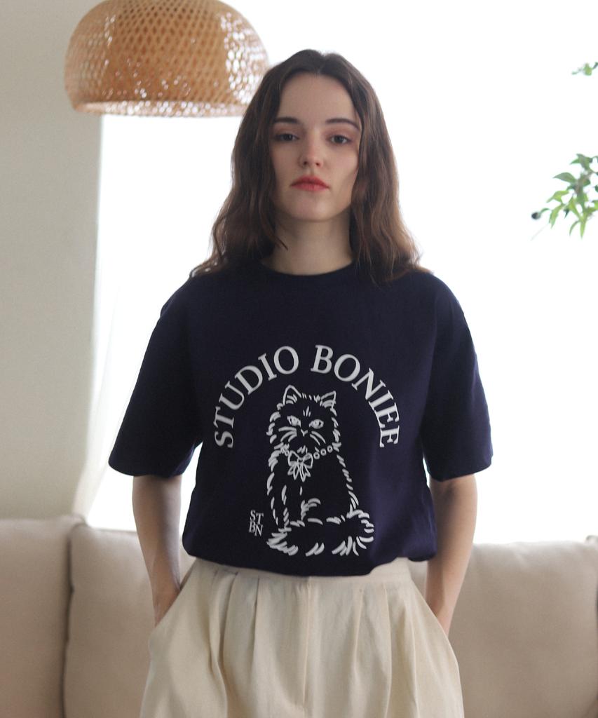 BONIEE New Cat Symbol Cat Graphic Loose Oversized T-Shirt Navy