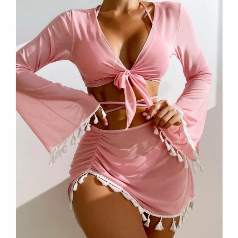 Ou Ruizi's New Sexy Split Swimsuit Women's Lace-up Bikini Fringed Four-piece Long-sleeved Blouse