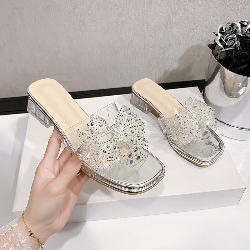 Módní mašle křišťálové střední podpatky pantofle designérské luxusní sandály slingback 2025 léto nové boty elegantní lodičky na šaty párty sandalias mujer