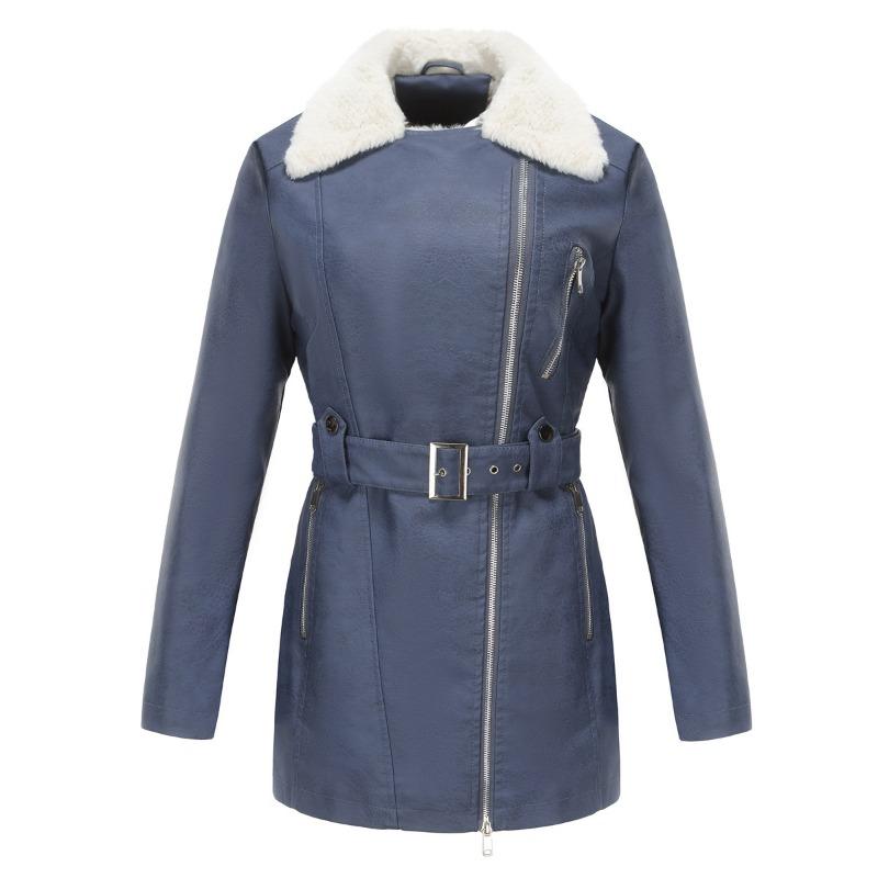 Autumn and winter new long-sleeved velvet leather jacket women's lapel double-ended zipper belt belt warm jacket