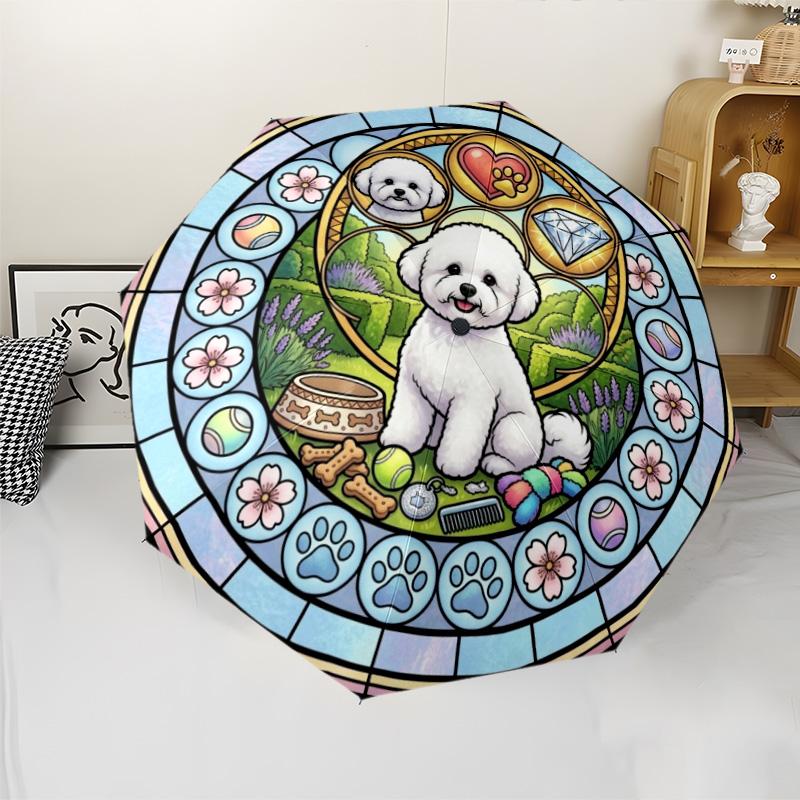 Glass Bichon Frise pattern umbrella, portable and foldable design, 8 ribs, a casual accessory for Halloween, Christmas, and birthday gifts.