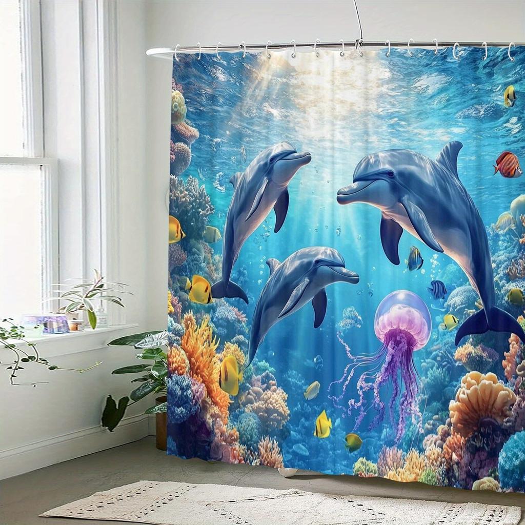 Attractive Dolphin Pattern Washable Dirt-Resistant Shower Curtain Shower Head Waterproof Polyester Bath Curtain For Home Decor