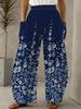 Women's High-Waisted Wide-Leg Trousers - Navy Blue Gradient Floral Print Wide Pants Suitable for Daily Commuting
