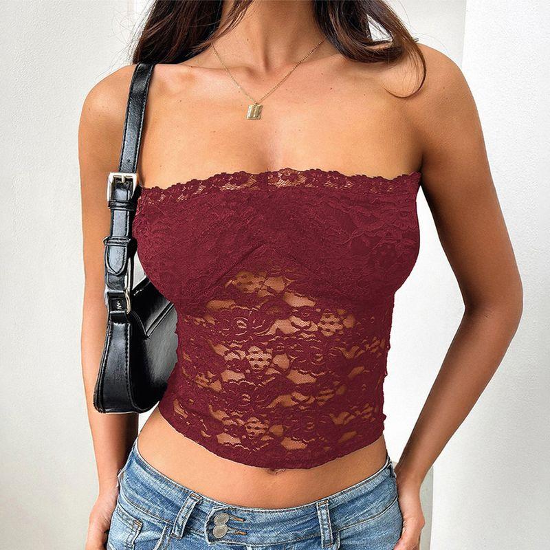 

Cross-Border Foreign Trade Women clothes Spring Summer New Y2g European and American Sexy Tube Top Navel Hollow Solid Lace Top Burgundy M