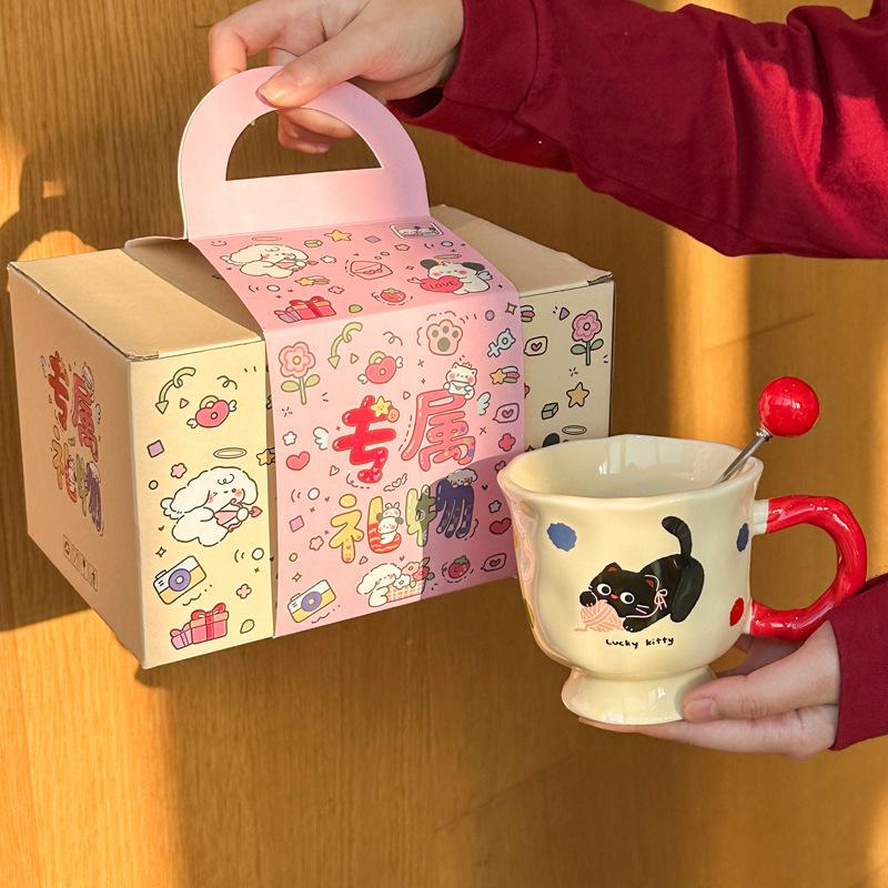 Cute cat apple ceramic mug as a gift, couple drinking cup for girls' birthday gift gift gift box